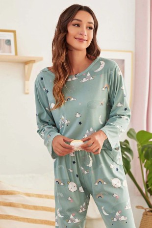 Moon uyku bandlı uzun kollu penye genç pijama takımı 6187 - Thumbnail