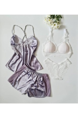 Gri saten 4 lü şortlu set 6268 - ÇeyizeDairHerşey