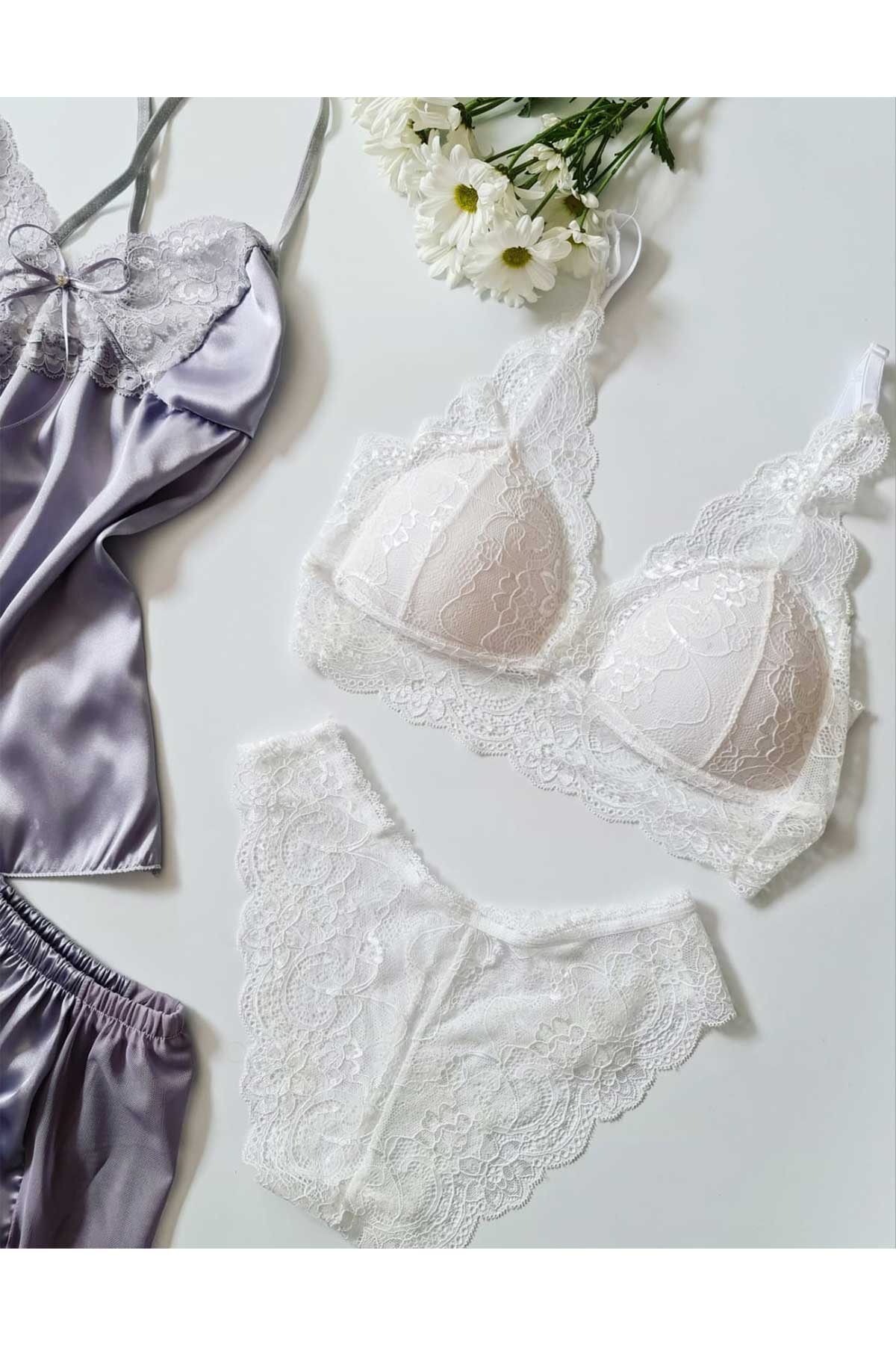 ÇeyizeDairHerşey - Gri saten 4 lü şortlu set 6268 (1)