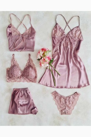 Gül kurusu saten sabahlıklı şortlu 6 li çeyizlik set 6105 - ÇeyizeDairHerşey (1)