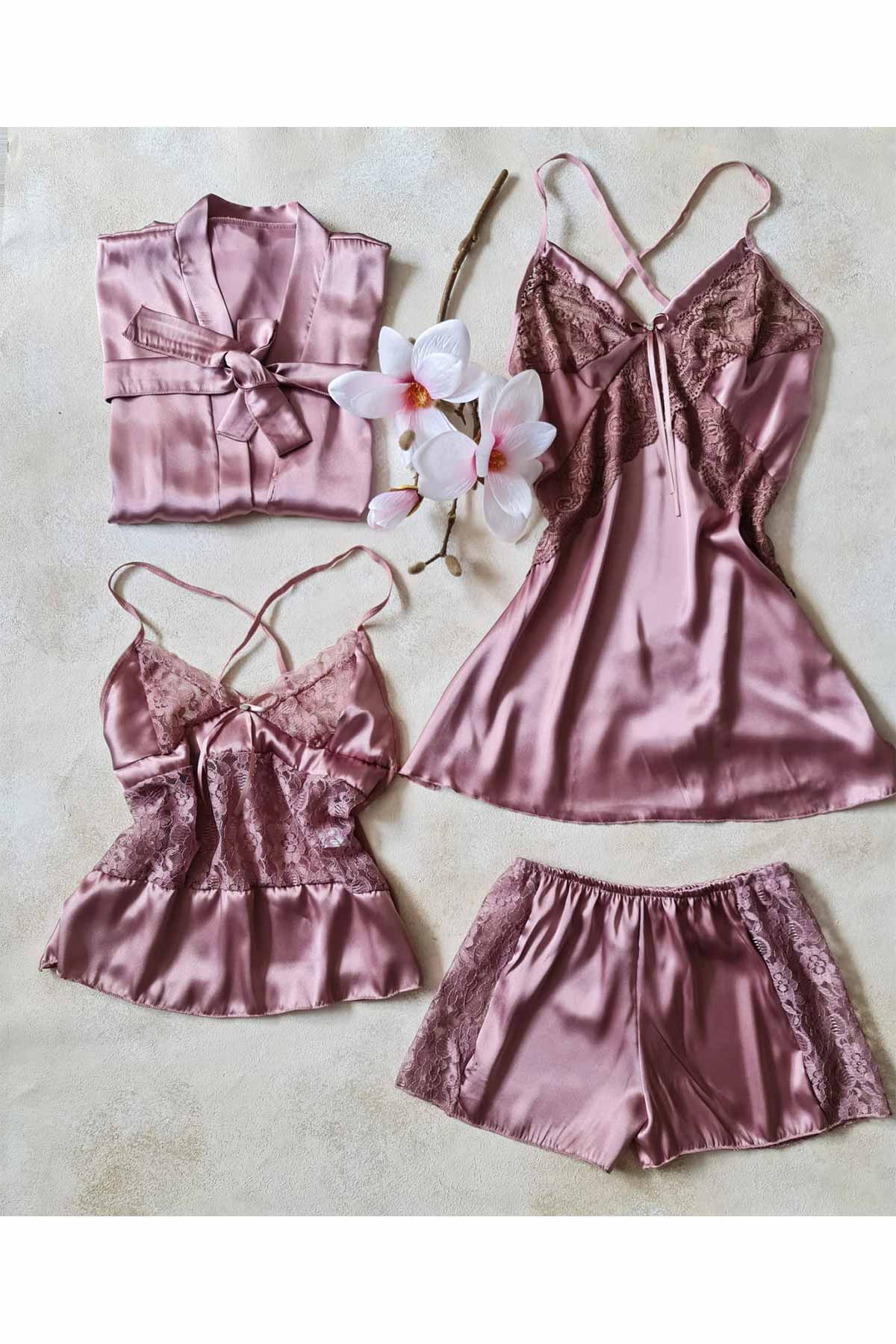 ÇeyizeDairHerşey - Gül kurusu saten sabahlıklı şortlu 4 lü çeyizlik set 6249