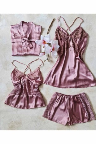 ÇeyizeDairHerşey - Gül kurusu saten sabahlıklı şortlu 4 lü çeyizlik set 6249