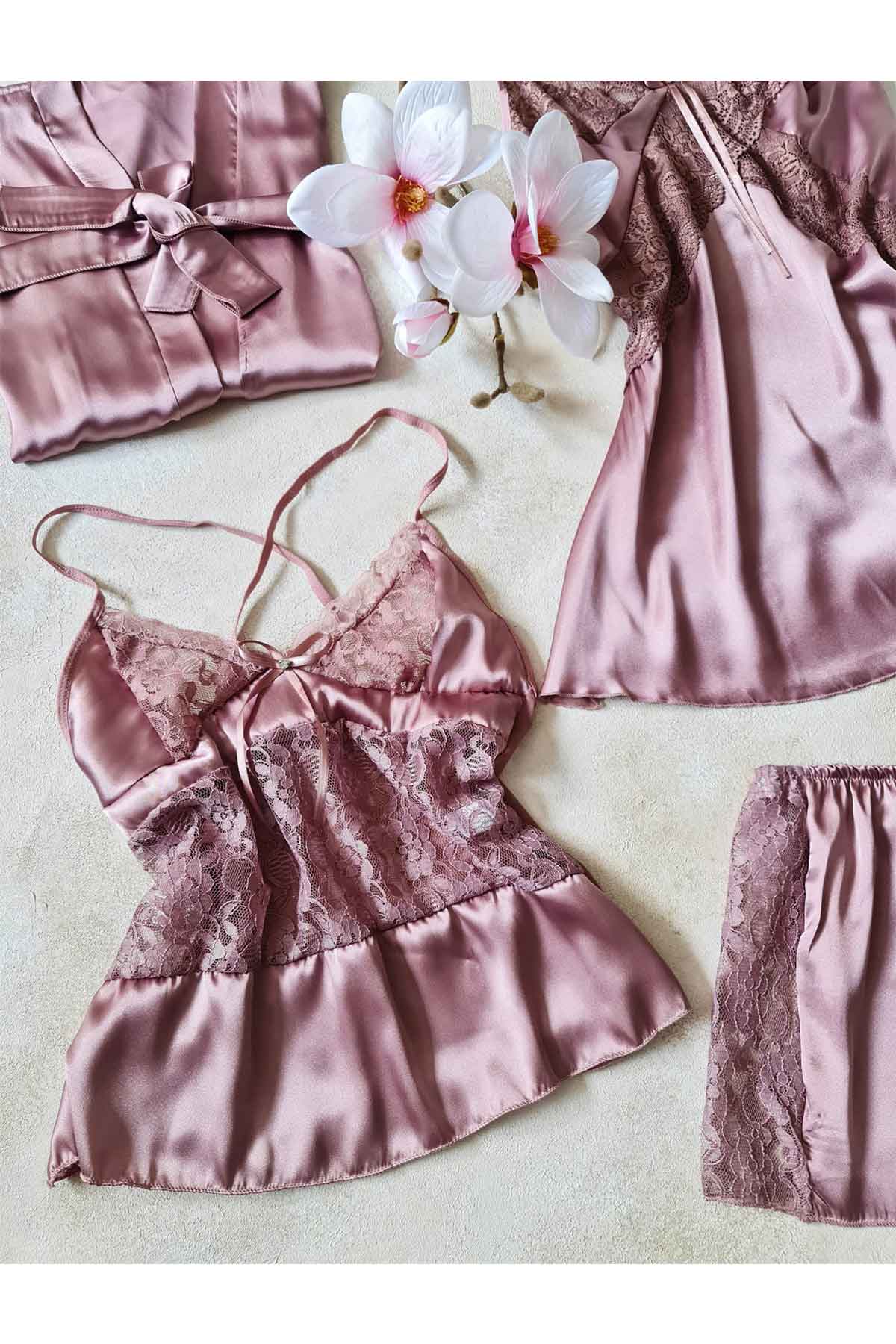 ÇeyizeDairHerşey - Gül kurusu saten sabahlıklı şortlu 4 lü çeyizlik set 6249 (1)