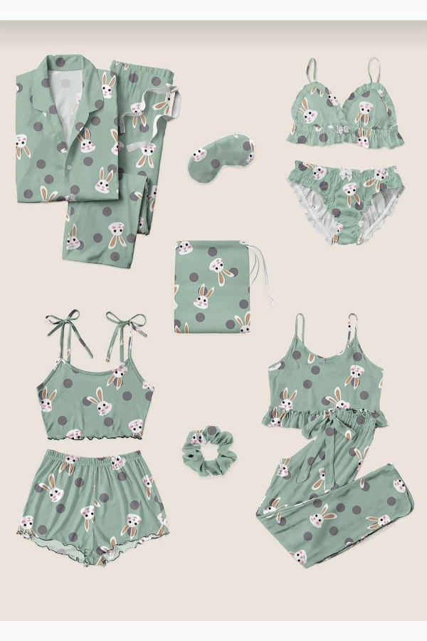 Tavşan desenli penye pijama seti 11 parça 6101