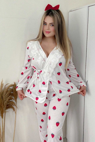ÇeyizeDairHerşey - luxury beyaz kruveze dantelli çilekli bayan pijama takımı 5931 (1)