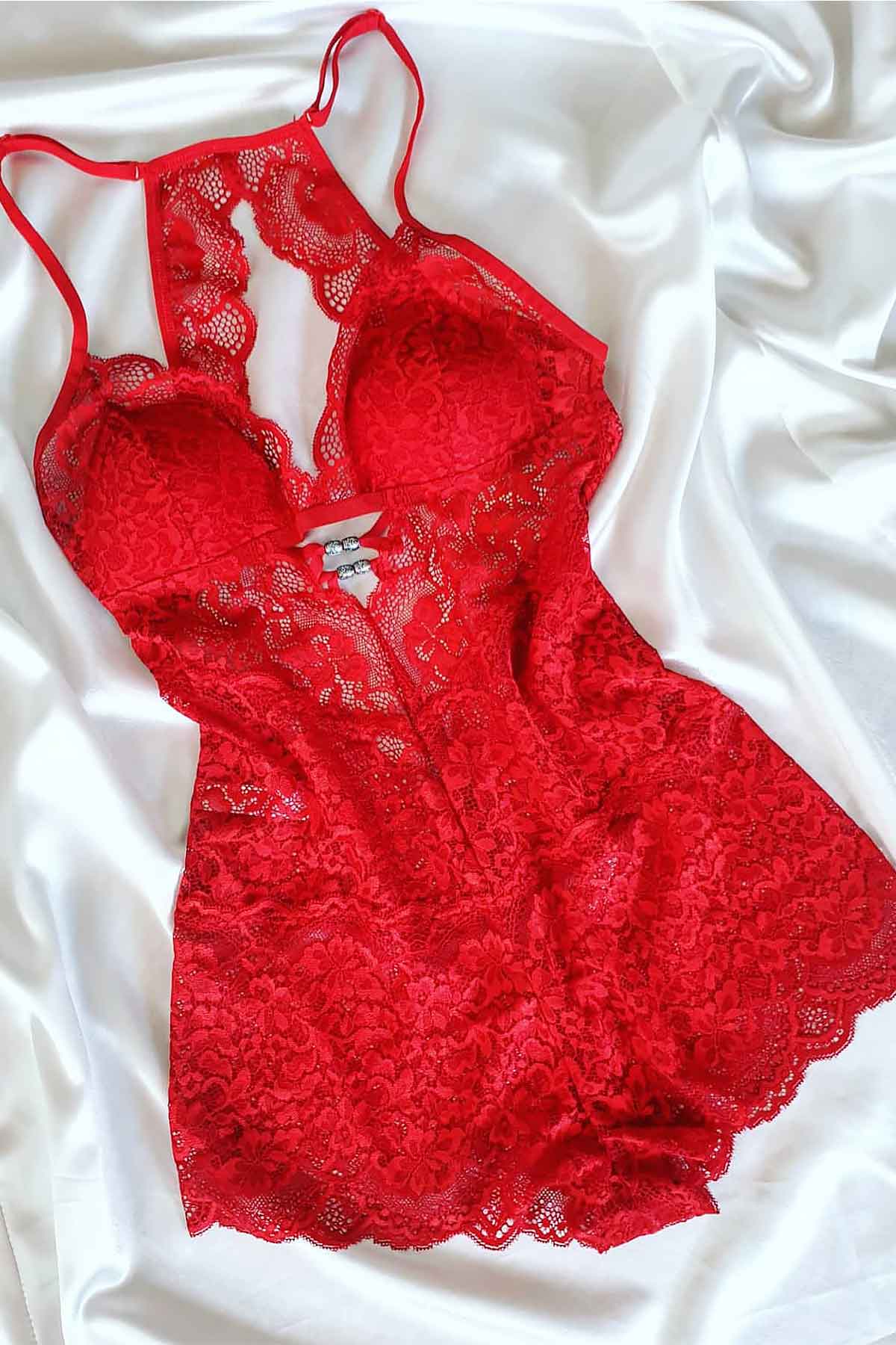 ÇeyizeDairHerşey - Kırmızı Dantel Bodysuit 5516