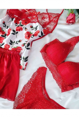 ÇeyizeDairHerşey - Kırmızı çiçek desen ipek saten 4 lü çeyizlik set 5721 (1)