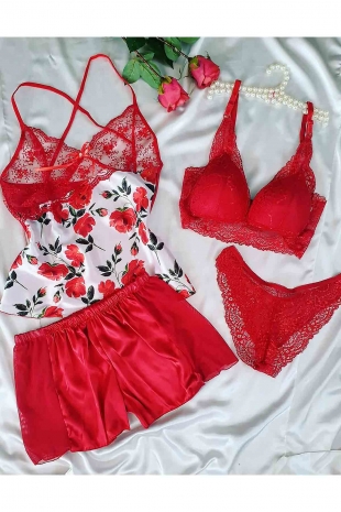 ÇeyizeDairHerşey - Kırmızı çiçek desen ipek saten 4 lü çeyizlik set 5721