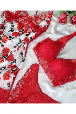 ÇeyizeDairHerşey - Kırmızı dantel detaylı ipek saten gecelik bralet seti 5722 (1)