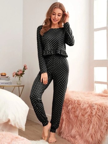 Siyah puantiyeli desenli uzun kollu pijama takımı 6201 - ÇeyizeDairHerşey