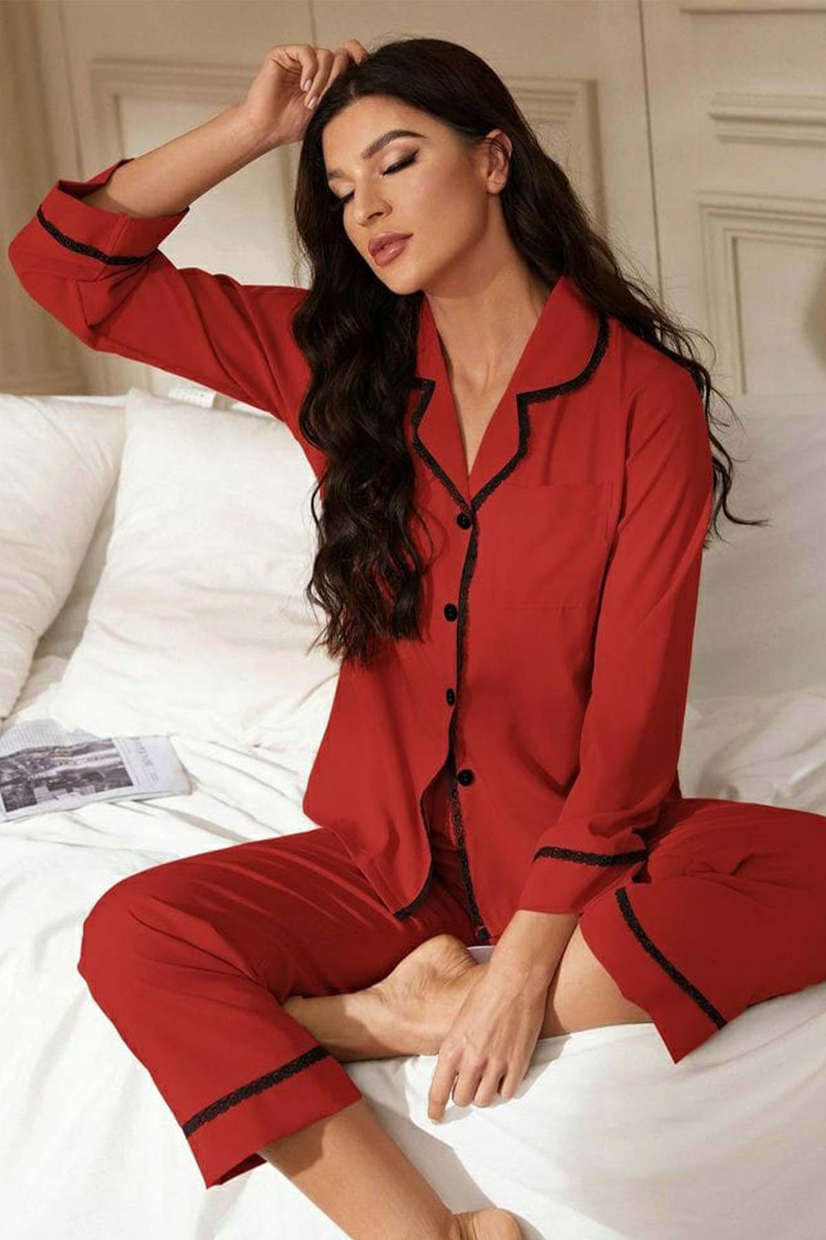 ÇeyizeDairHerşey - Kırmızı Önden düğmeli bayan pijama takımı 5973 (1)