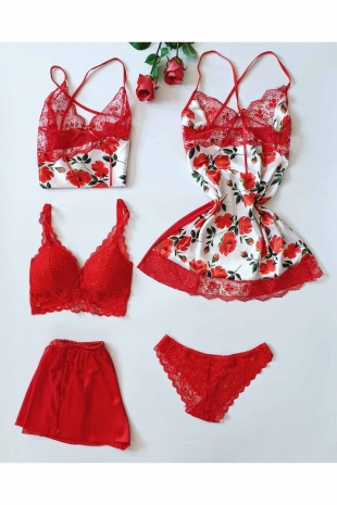 Kırmızı rose 5 li çeyizlik set 5952 - ÇeyizeDairHerşey