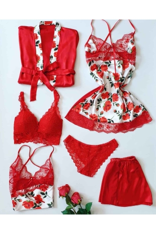 Kırmızı rose 6 lı sabahlıklı çeyizlik set 5953 - ÇeyizeDairHerşey