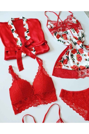 Kırmızı rose 6 lı sabahlıklı çeyizlik set 5953 - ÇeyizeDairHerşey (1)