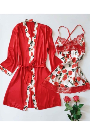 Kırmızı rose 6 lı sabahlıklı çeyizlik set 5953 - 6