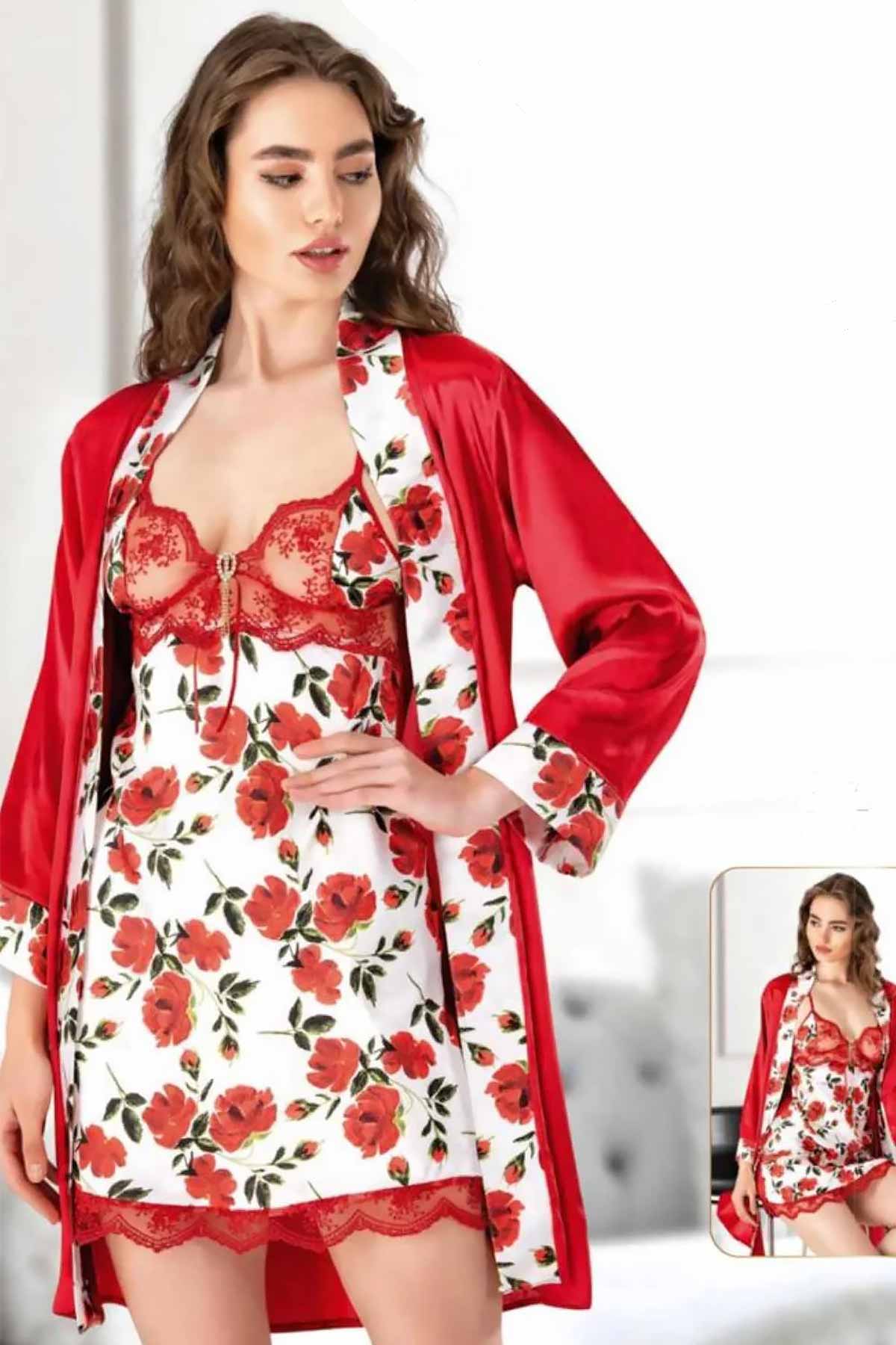 ÇeyizeDairHerşey - Kırmızı saten sabahlık gecelik seti 5950 (1)