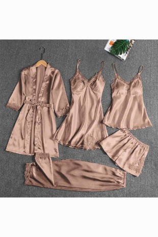 ÇeyizeDairHerşey - Cappuccino saten sabahlıklı 5 li pijama seti 6247