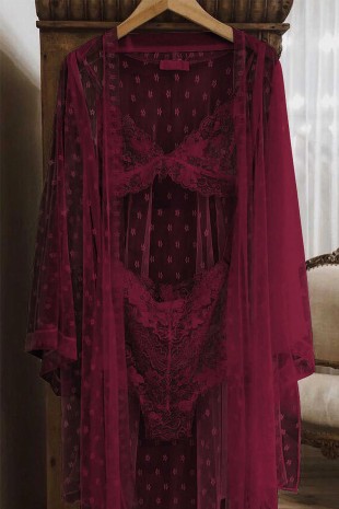 ÇeyizeDairHerşey - Lily Bordo tül sabahlikli 3lü takım 6156