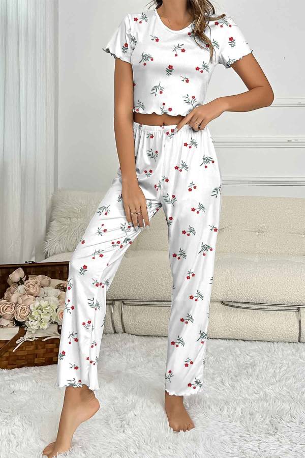 Lilyana Süpersoft Pijama Takım Flower White 6429 - 1