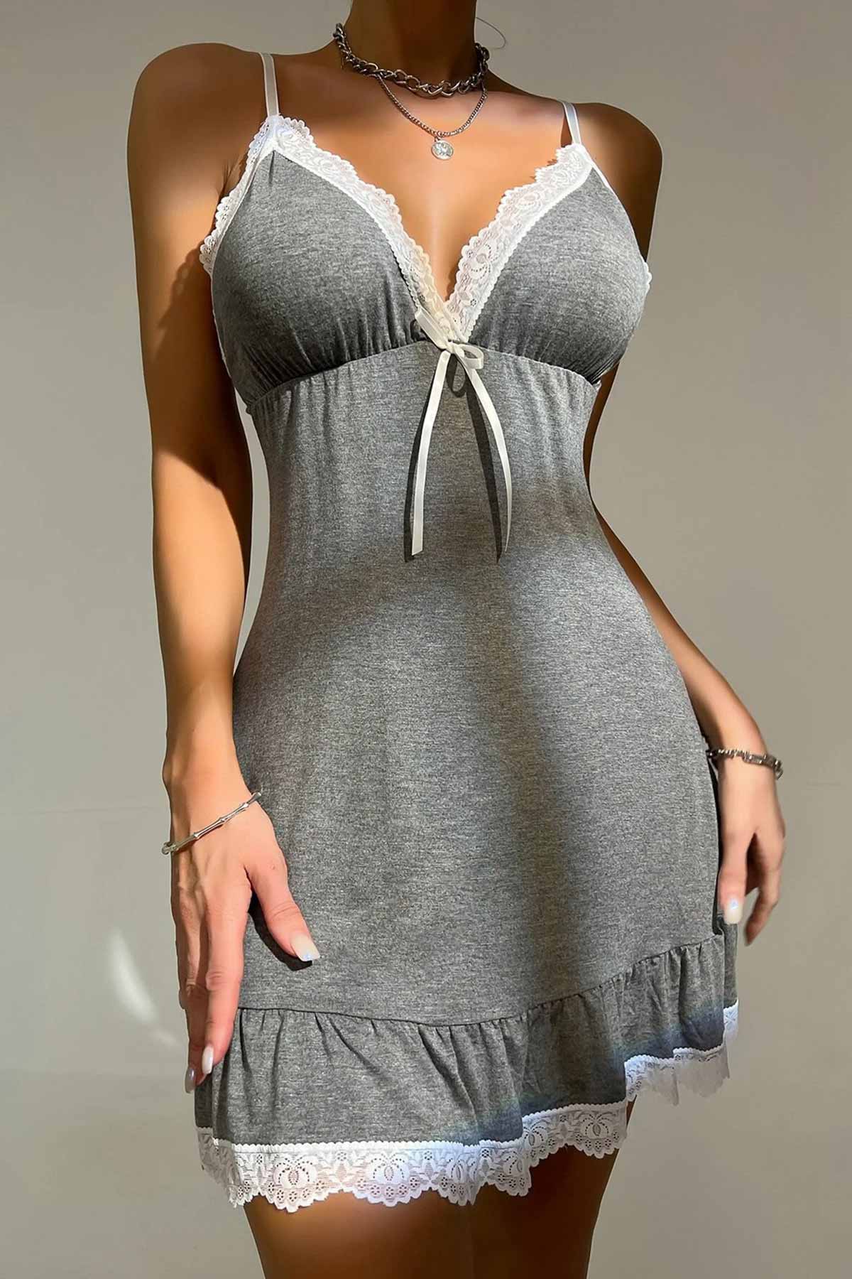 ÇeyizeDairHerşey - Lolo gray güpür detaylı soft penye gecelik 6222 (1)