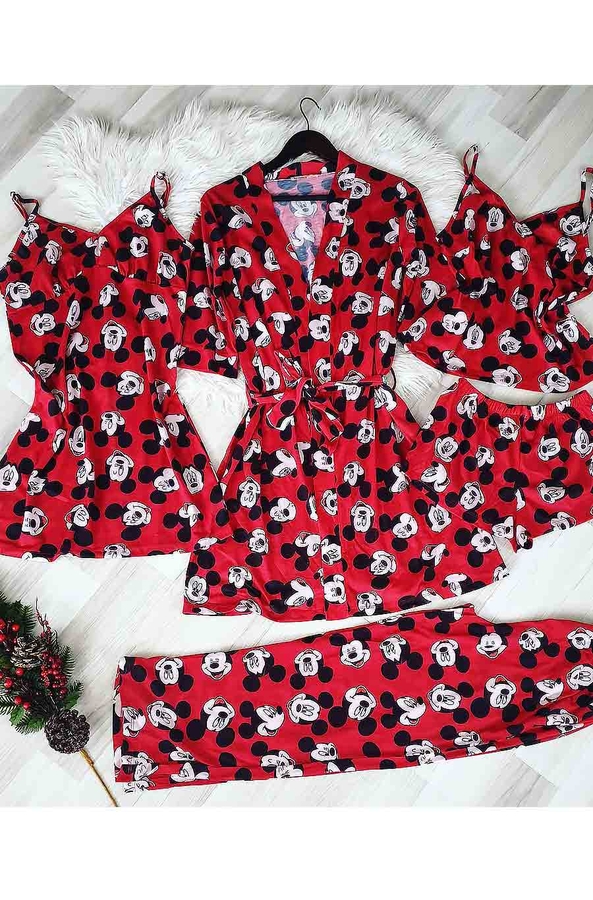 Kırmızı mickey mouse sabahlıklı şortlu 5 li süprem penye pijama seti 5195