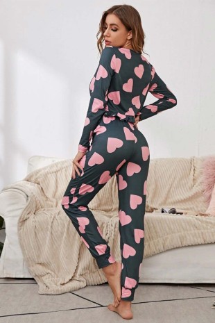 Pink heart uzun kollu penye genç pijama takımı 6188 - Thumbnail