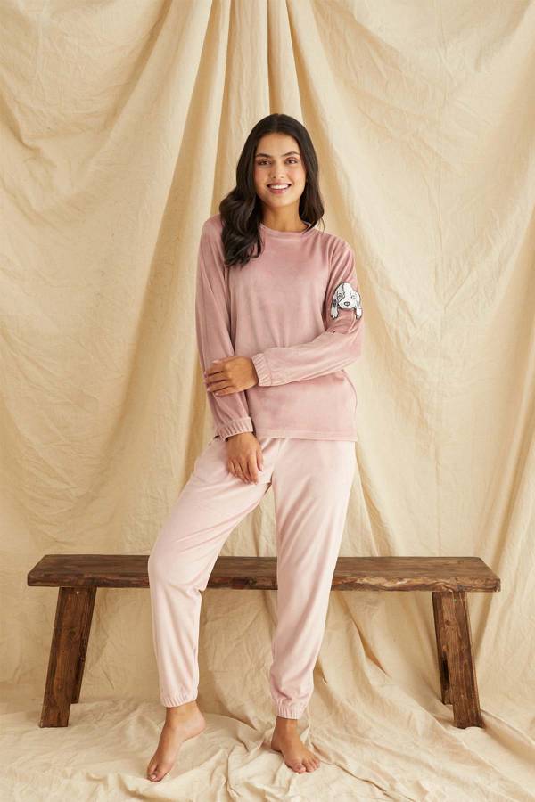 Pudra kadife bayan pijama takımı 6184 - 1