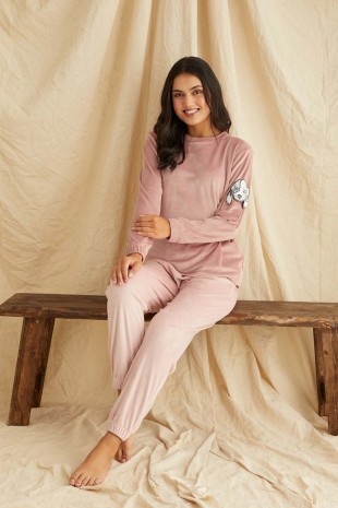 ÇeyizeDairHerşey - Pudra kadife bayan pijama takımı 6184 (1)