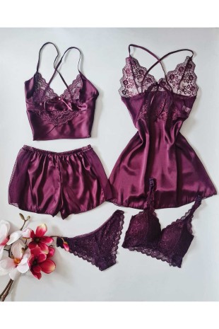 ÇeyizeDairHerşey - Mürdüm 5 li saten çeyizlik set 6251