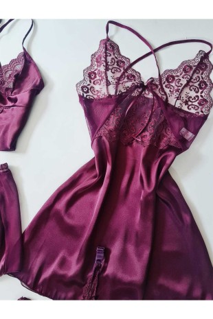 ÇeyizeDairHerşey - Mürdüm 5 li saten çeyizlik set 6251 (1)