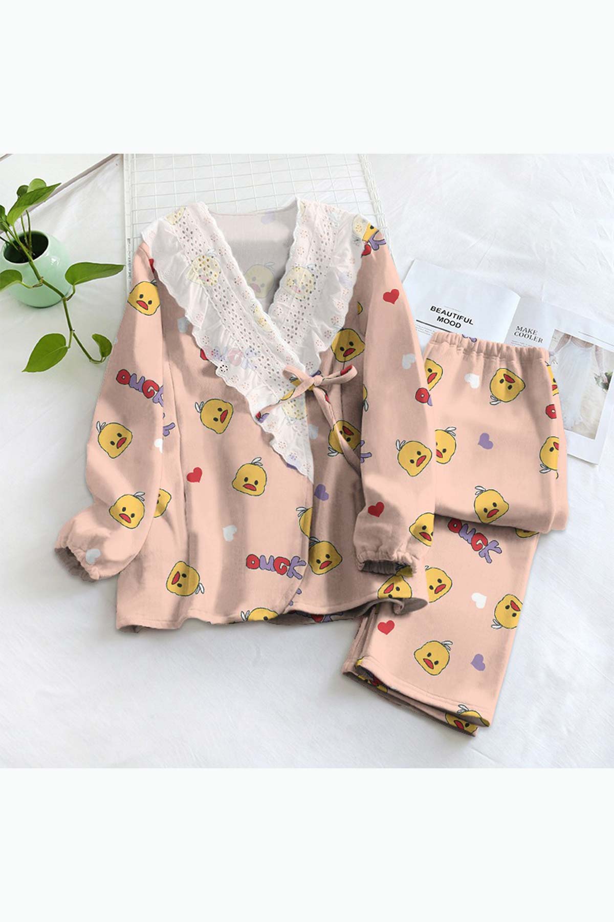 ÇeyizeDairHerşey - Nicole salmon duck uzun kollu kruvaze penye bayan pijama takımı 6166