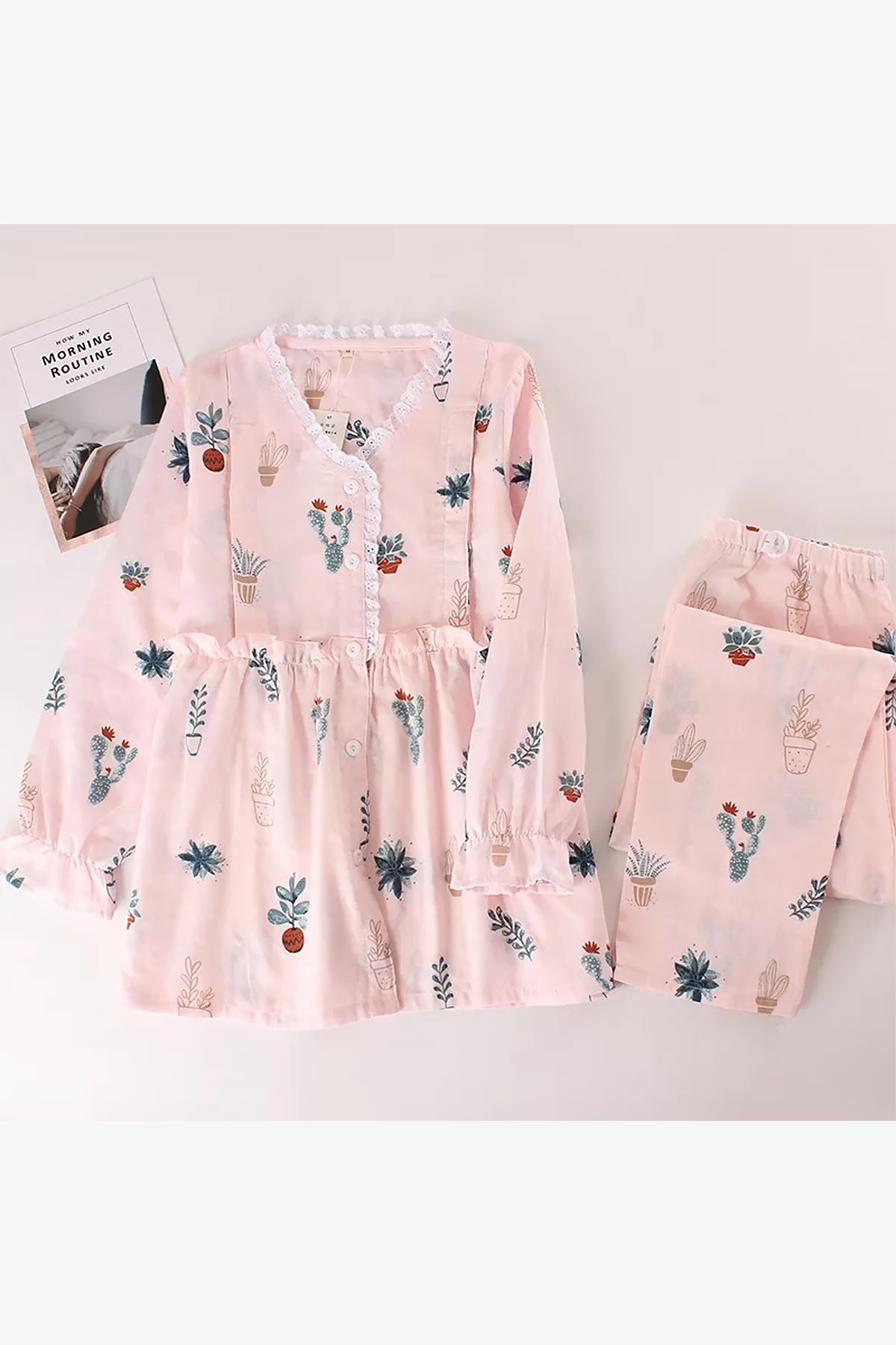 ÇeyizeDairHerşey - Pudra özel tasarım vintage önden düğmeli çiçek desenli bayan pijama takımı 5826
