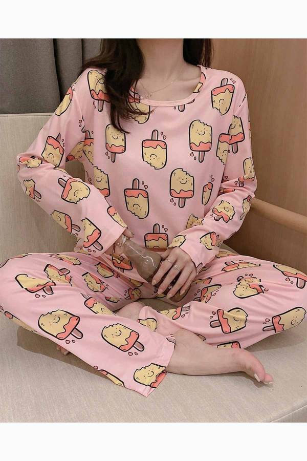 Pamela ice cream penye uzunkollu bayan pijama 6177 - 1