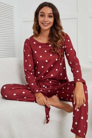 Puantiyeli uyku bandlı uzun kollu penye genç pijama takımı 6185 - Thumbnail