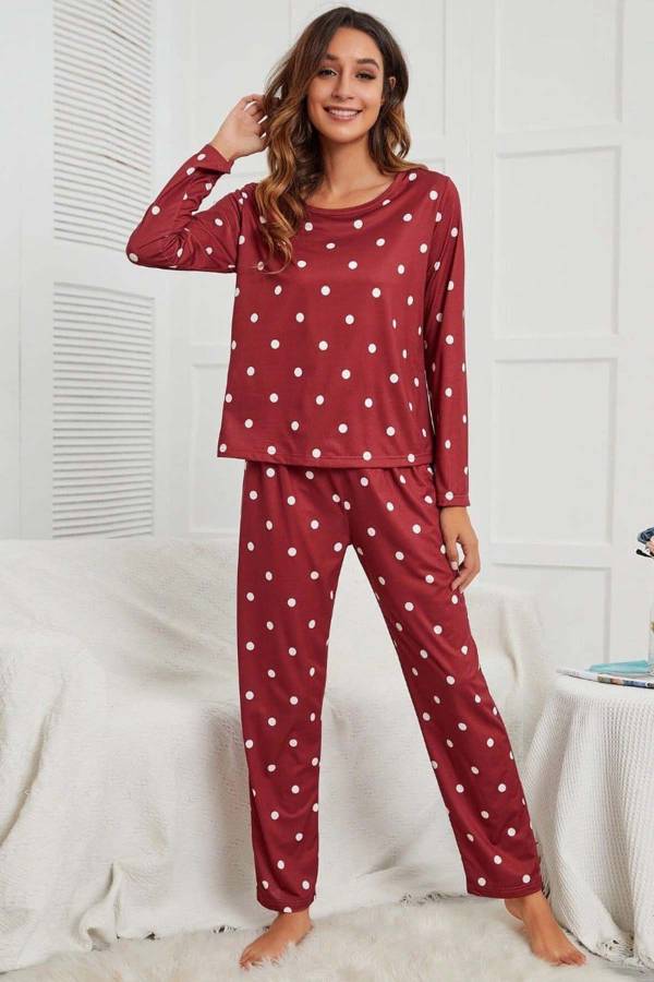 Puantiyeli uyku bandlı uzun kollu penye genç pijama takımı 6185 - 4