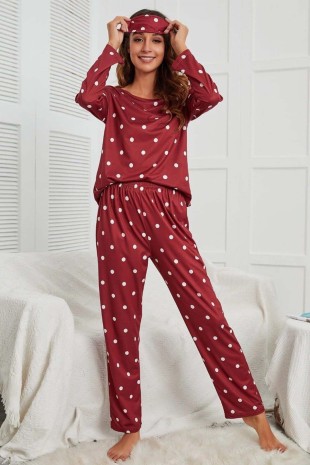 Puantiyeli uyku bandlı uzun kollu penye genç pijama takımı 6185 - 1