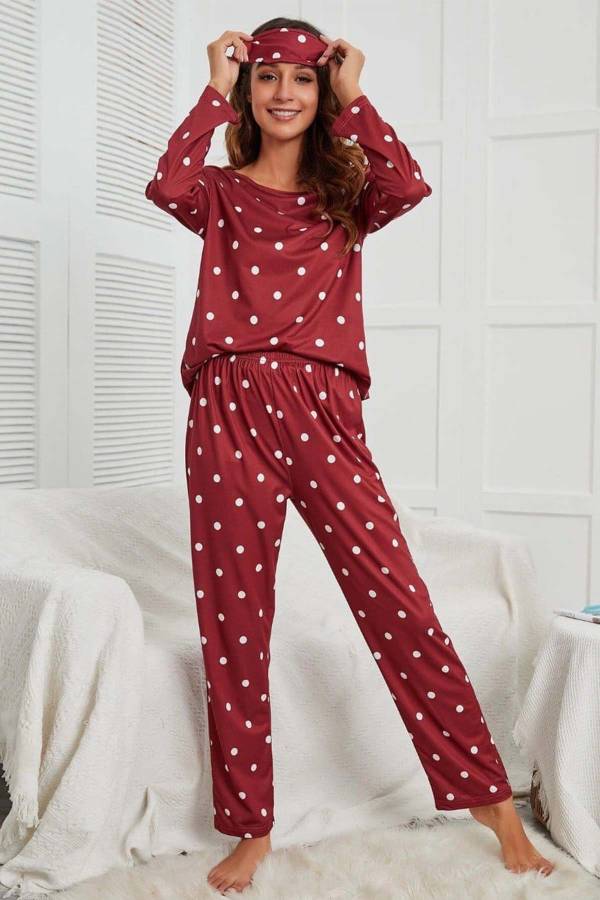 Puantiyeli uyku bandlı uzun kollu penye genç pijama takımı 6185