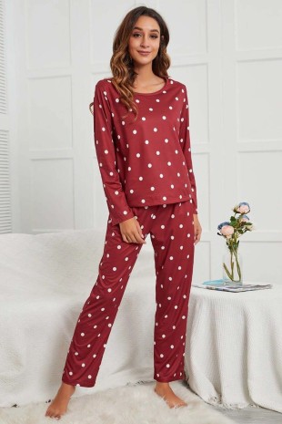 Puantiyeli uyku bandlı uzun kollu penye genç pijama takımı 6185 - 5