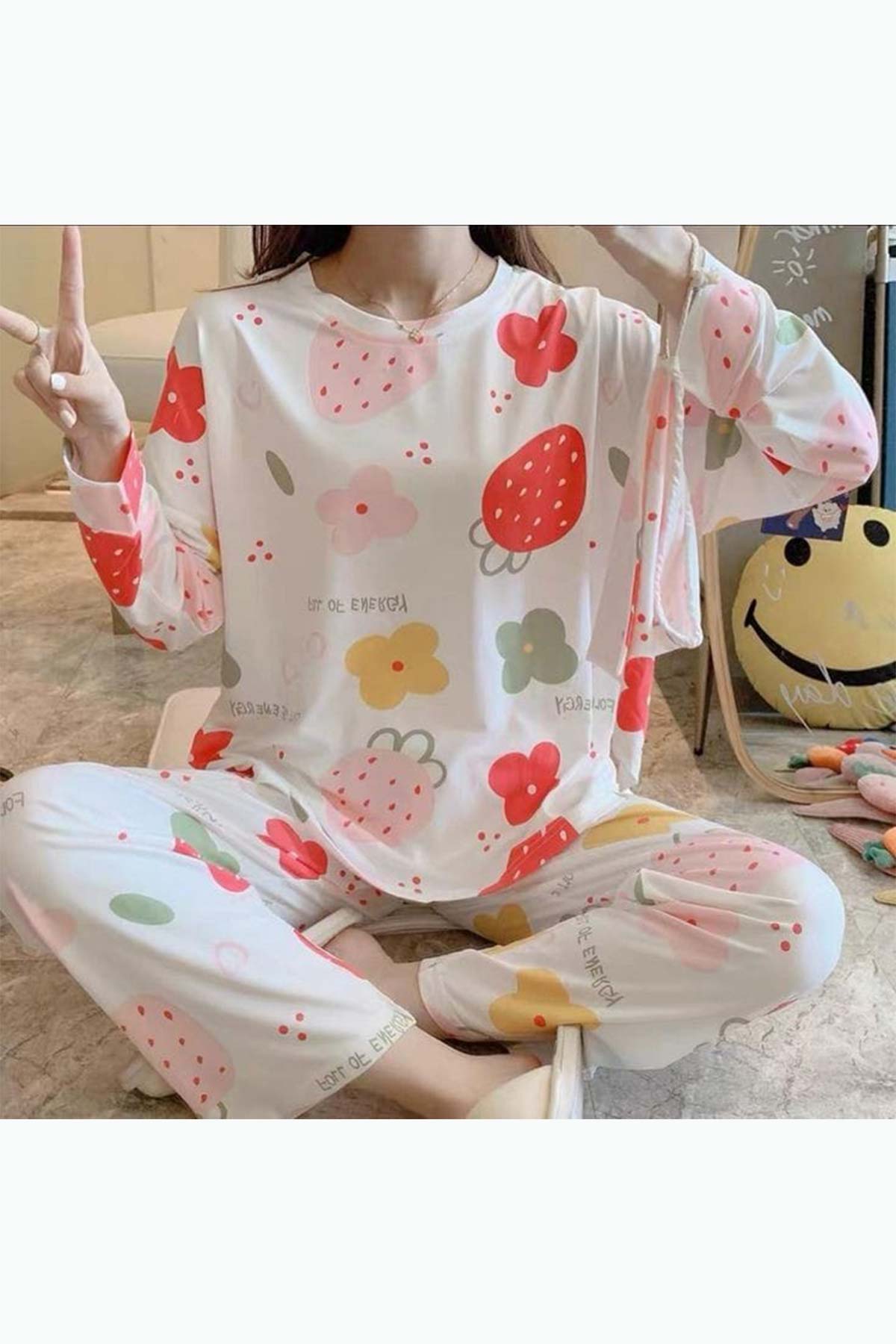 ÇeyizeDairHerşey - Pamela Strawberry penye uzun kollu bayan pijama 6175