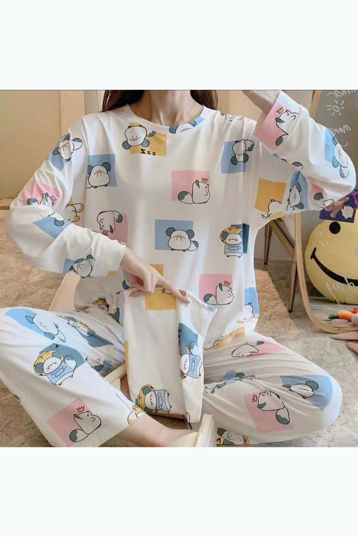 ÇeyizeDairHerşey - Pamel cartoon penye uzun kollu bayan pijama 6176