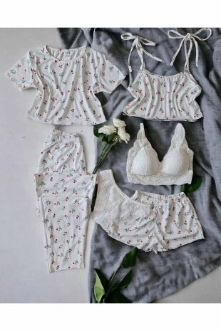 Mariage Ekru çiçek desenli pamuklu 6 lı pijama seti 6497 - ÇeyizeDairHerşey