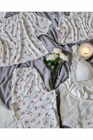 Mariage Ekru çiçek desenli pamuklu 6 lı pijama seti 6497 - ÇeyizeDairHerşey (1)