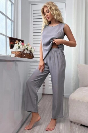 Gri sırtı dantel detaylı penye bayan pijama takımı 6501 - ÇeyizeDairHerşey (1)