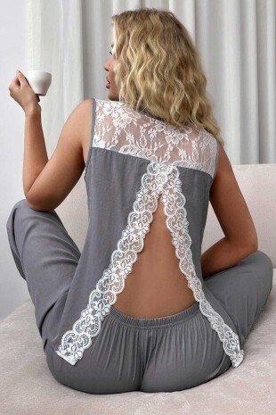 Gri sırtı dantel detaylı penye bayan pijama takımı 6501 - ÇeyizeDairHerşey