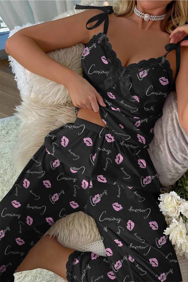 Perla soft kiss omuzdan bağlamalı penye pijama takımı 6396 - 1