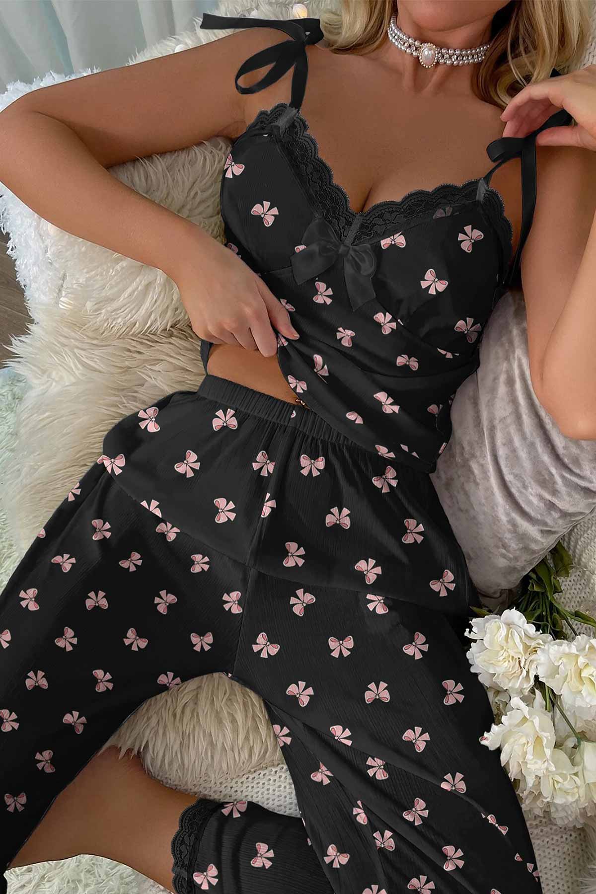 ÇeyizeDairHerşey - Perla soft fiyonk omuzdan bağlamalı penya pijama takımı 6400