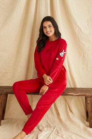 ÇeyizeDairHerşey - Kırmızı kadife tavşan detaylı bayan pijama takımı 6195