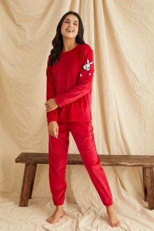 Kırmızı kadife tavşan detaylı bayan pijama takımı 6195 - Thumbnail