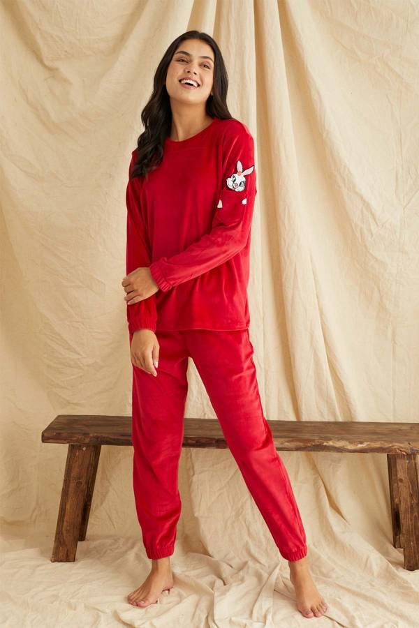Kırmızı kadife tavşan detaylı bayan pijama takımı 6195