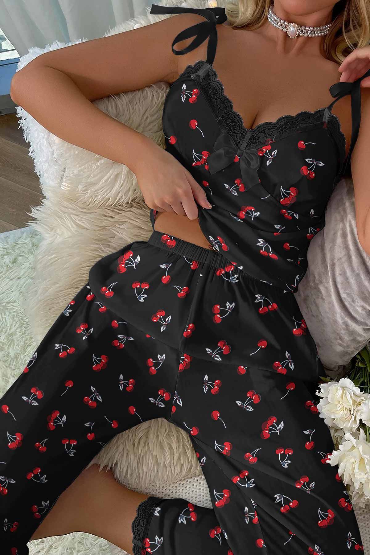 ÇeyizeDairHerşey - Perla soft kiraz omuzdan bağlamalı penya pijama takımı 6395